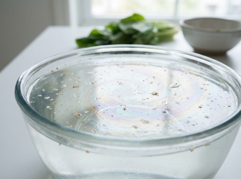 Oily film and lifted residue floating on the water