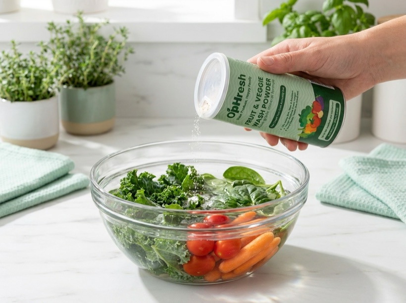 Sprinkling the powder over produce at the sink