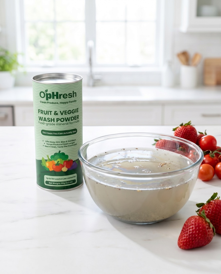 O'pHresh canister beside a bowl of cloudy wash water, showing the dirt, wax and residue lifted off the produce