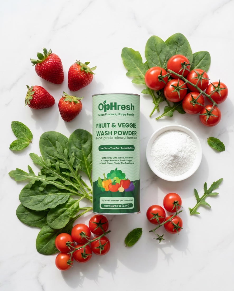 O'pHresh canister with fresh strawberries, tomatoes and greens