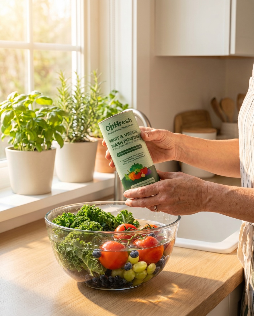 O'pHresh used in a bright family kitchen over a bowl of fresh produce