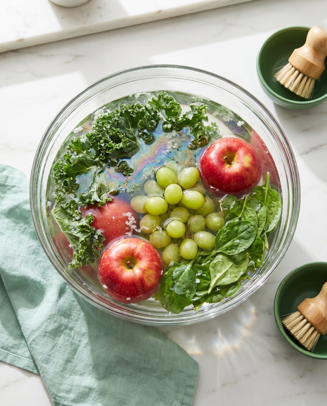 Fresh produce soaking, grime lifting from the surface