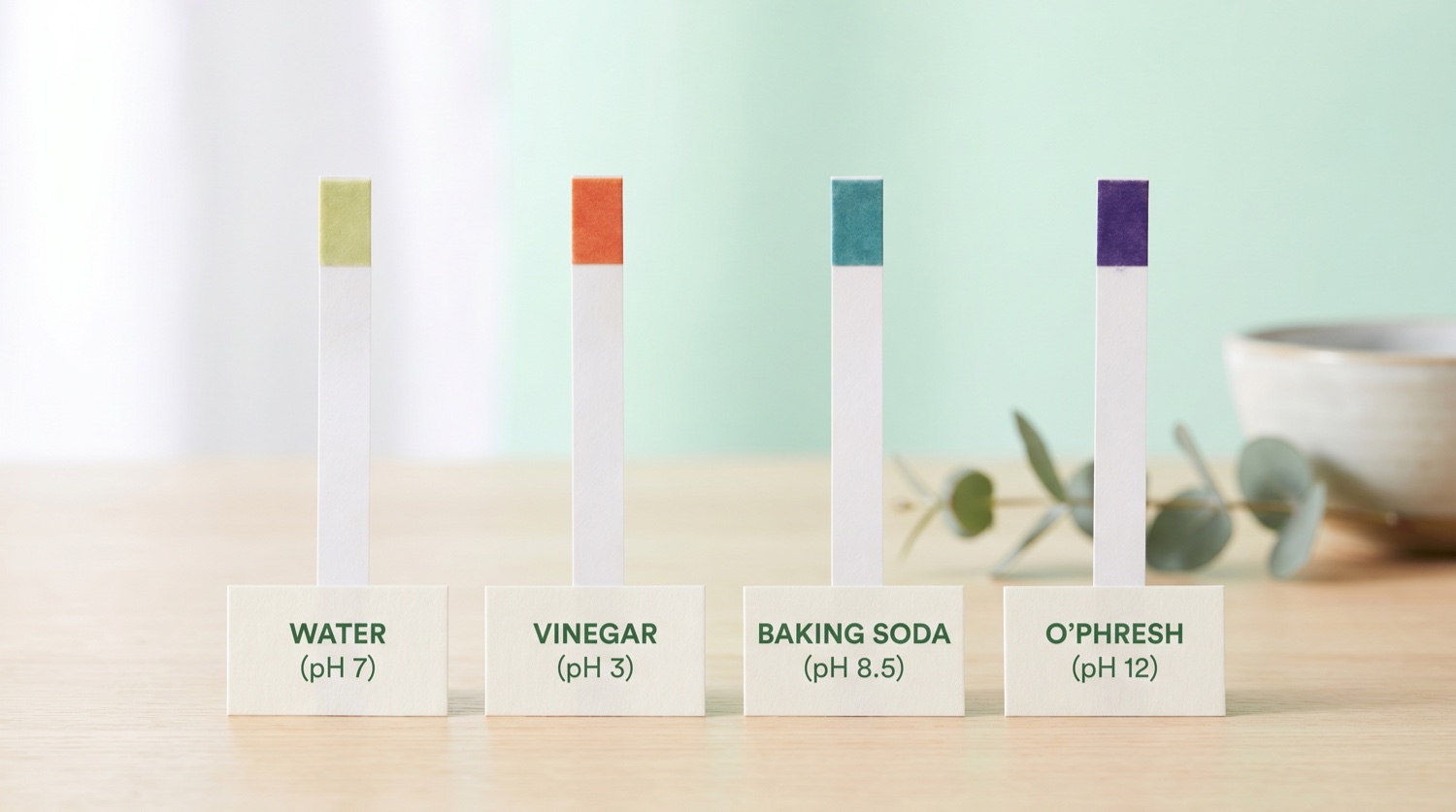 pH test strips compared: Water around pH 7, Vinegar around pH 3, Baking Soda around pH 8.5, O'pHresh pH 12 and strongly alkaline